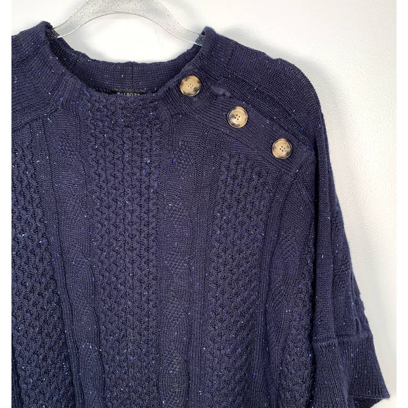 Talbots Blue Speckled Cotton Blend‎ Side Button Cable Knit Sweater Poncho L - Picture 2 of 9